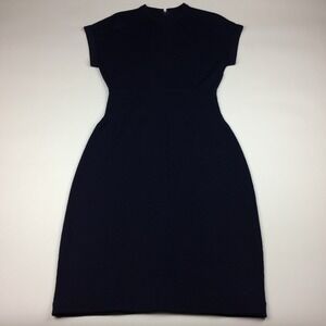 Vtg St John Dress Womens 10 Santana Knit Marie Gray Sheath Made in USA Navy Blue